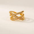Gold Criss Cross Zircon Adjustable Ring with diamond accents and measurements on a white background
