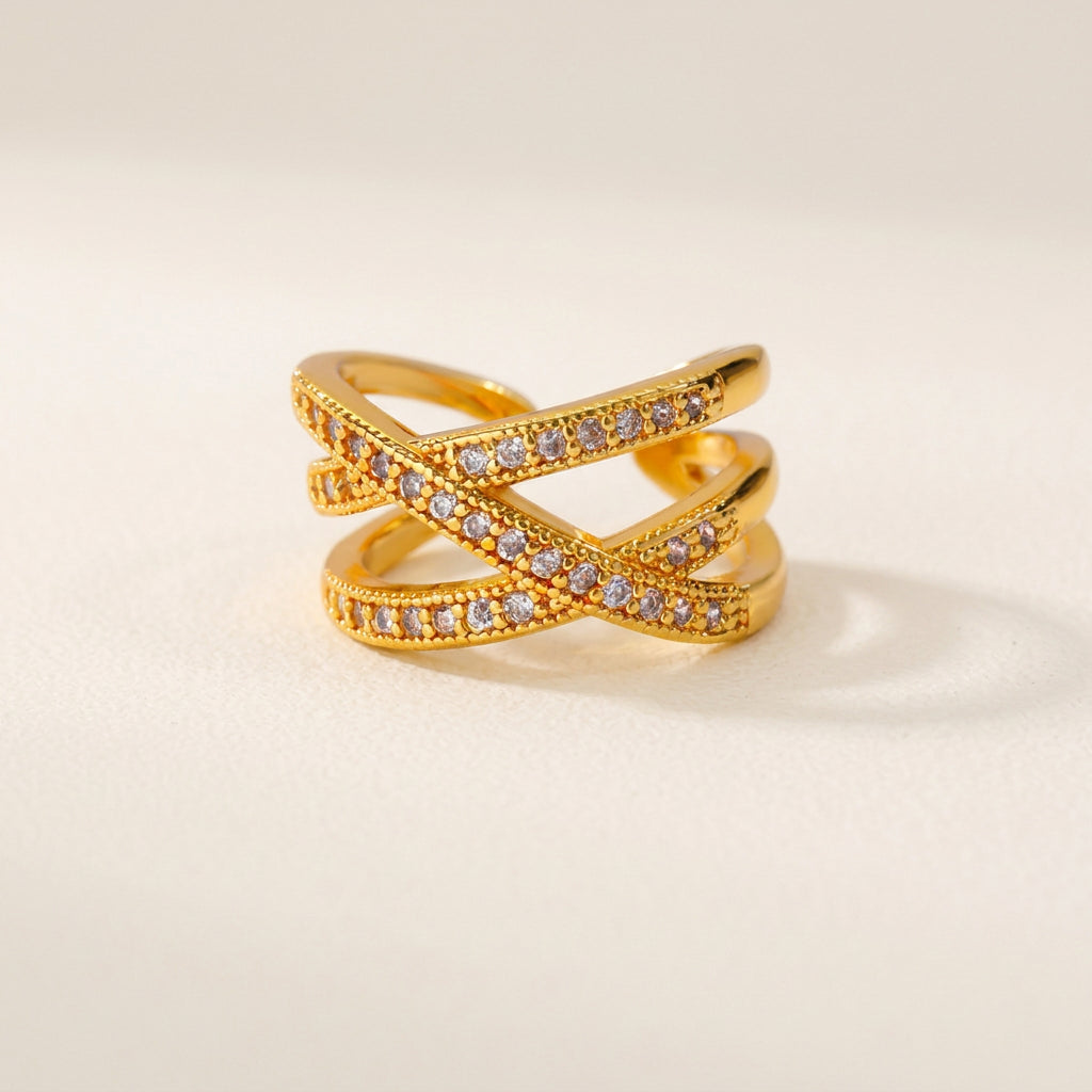 Gold Criss Cross Zircon Adjustable Ring with diamond accents and measurements on a white background