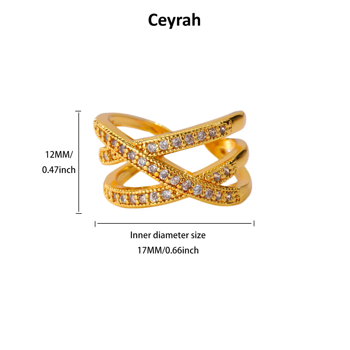 Gold Criss Cross Zircon Adjustable Ring with small clear stones, shown with dimension labels reading 12MM/0.47inch height and 17MM/0.