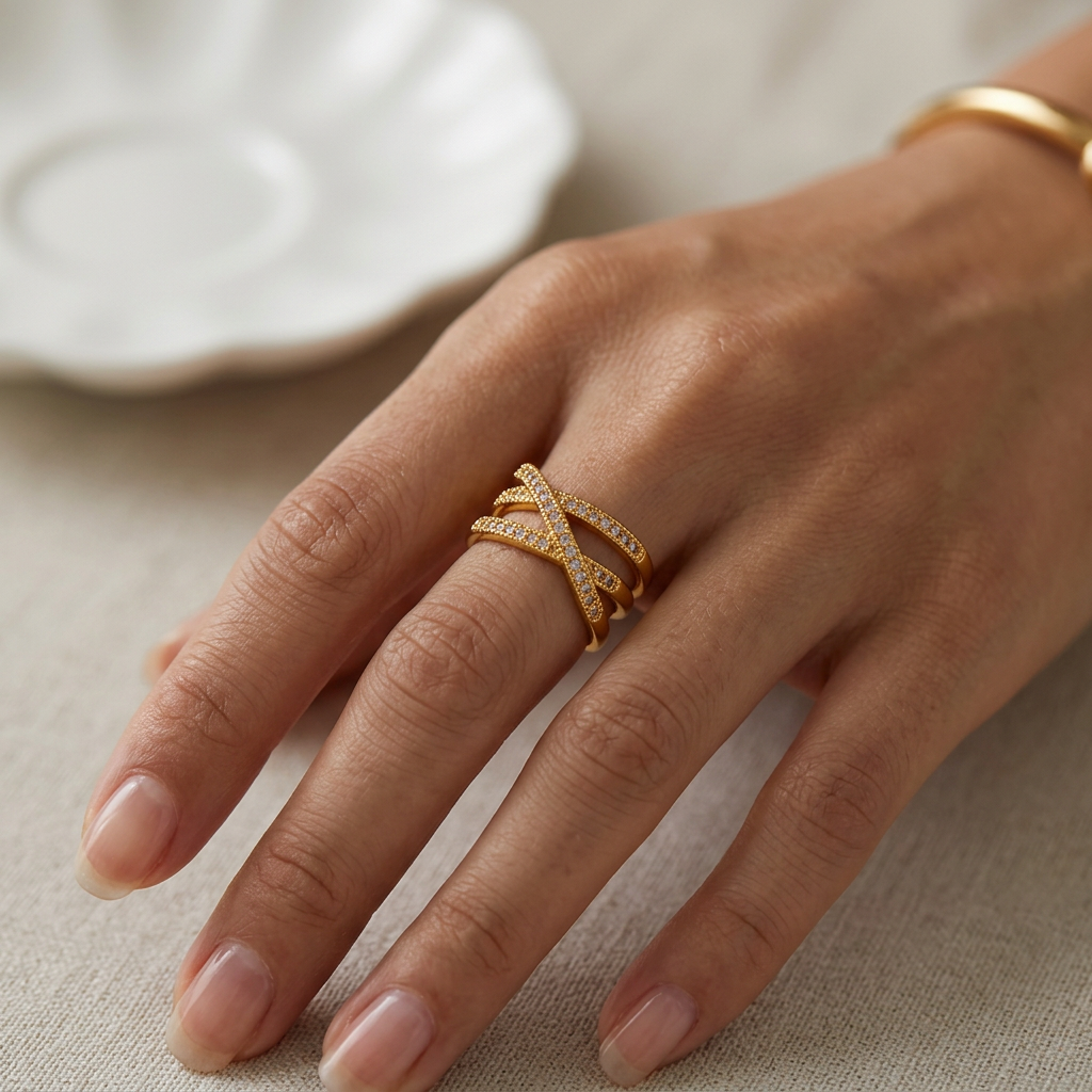 A close-up of a hand wearing a Gold Criss Cross Zircon Adjustable Ring with a double intertwined band design set with small clear stones, alongside a matching gold bangle on the wrist.