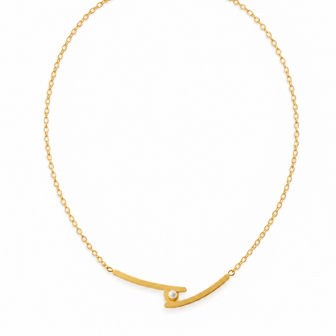 A delicate Gold Cross Dainty Pearl Necklace featuring a minimalist curved bar design with a small white pearl at the center, displayed on a clean white background.