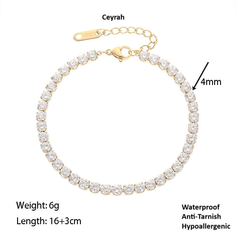 Gold Crystal Tennis Classic Bracelet with clear stones, labelled with brand 'Ceyrah' and product details on a white background.