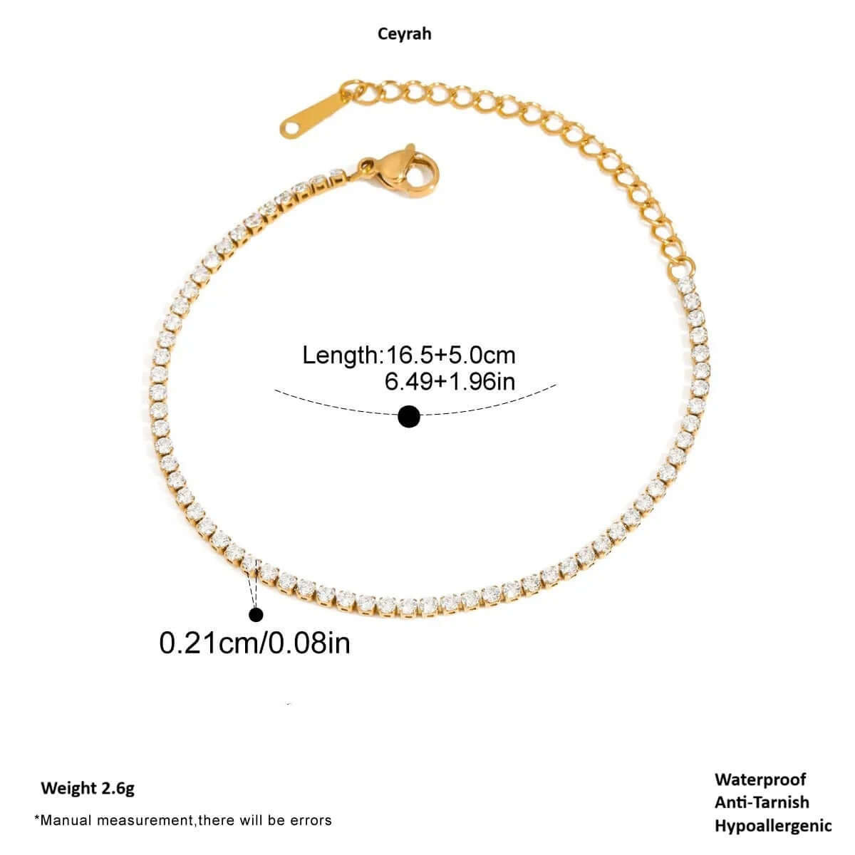 Gold bracelet with measurement details on a white background
