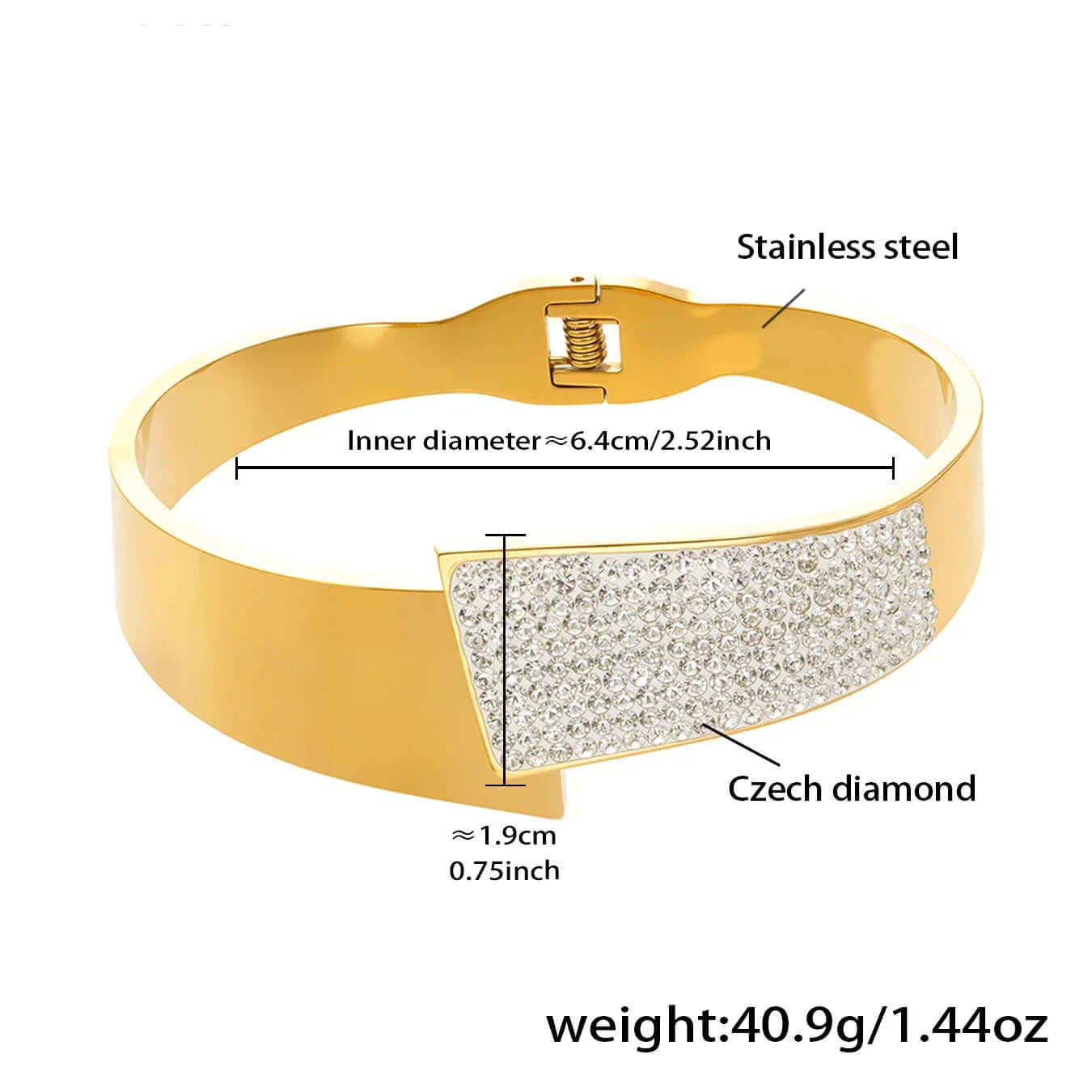 Ceyrah gold Czech Diamond Open Cuff Bracelet, 6.4cm diameter, 1.44oz weight