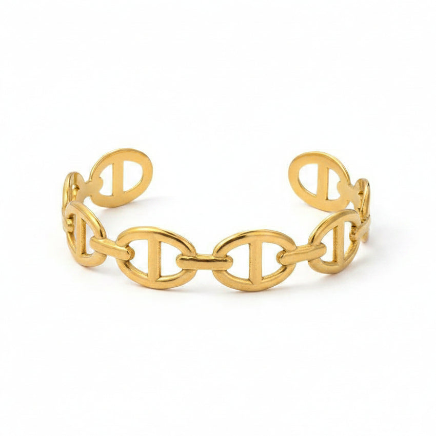 Gold D Link Chain Bracelet on white background