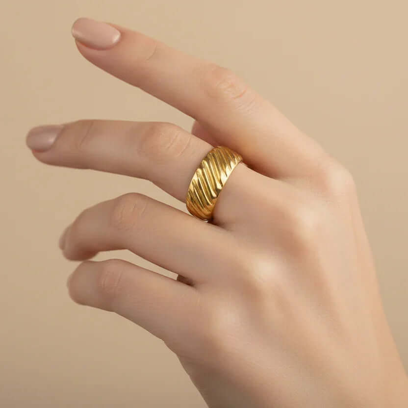 Gold Diagonal Rib Open Ring worn on a model's hand, showcasing its bold diagonal-rib texture.