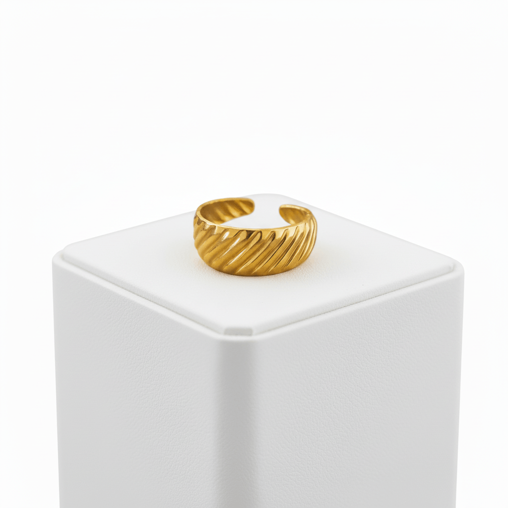 Gold Diagonal Rib Open Ring on white box