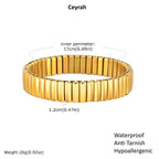 Gold Elastic Stainless Steel Bracelet with measurements and features on a white background