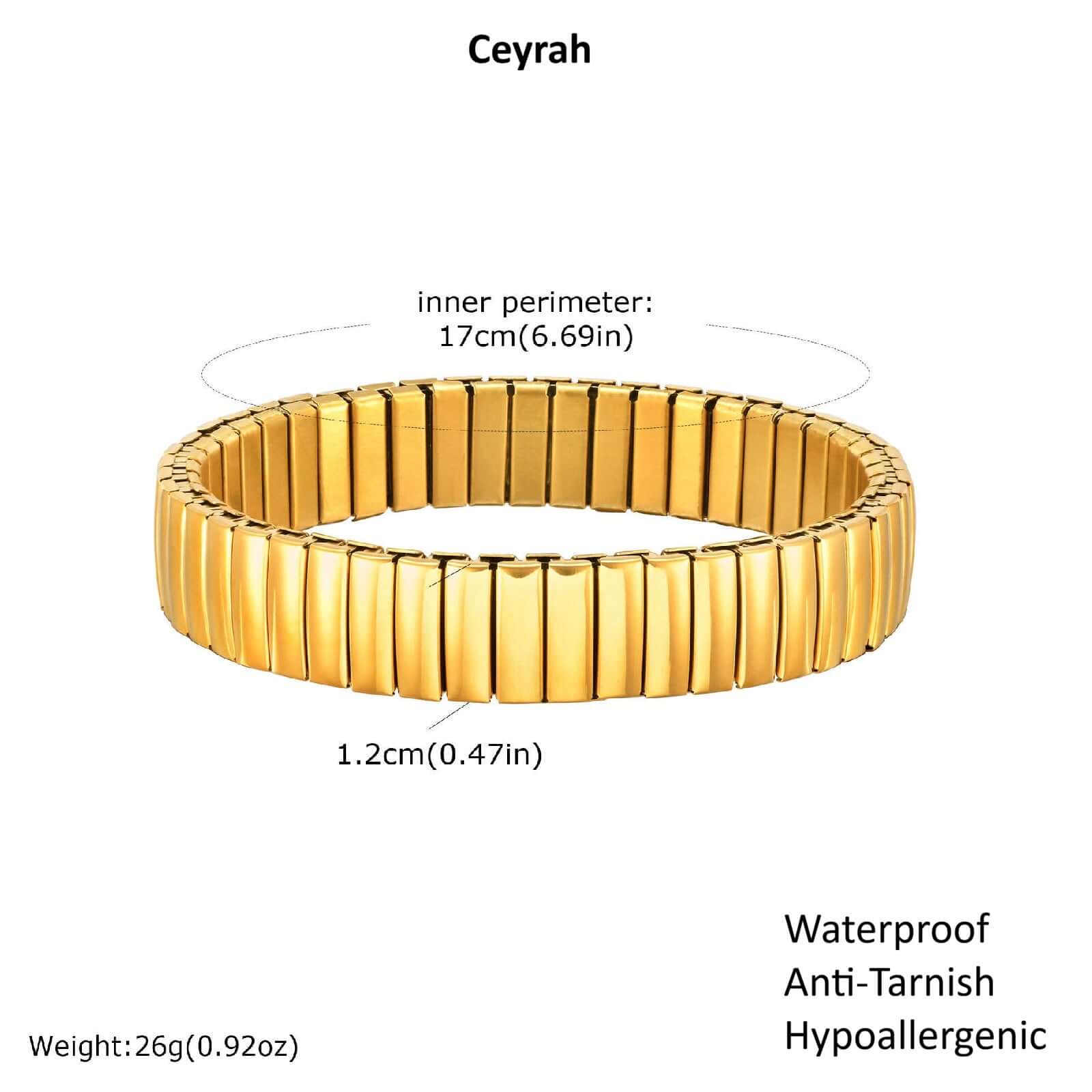 Gold Elastic Stainless Steel Bracelet with measurements and features on a white background