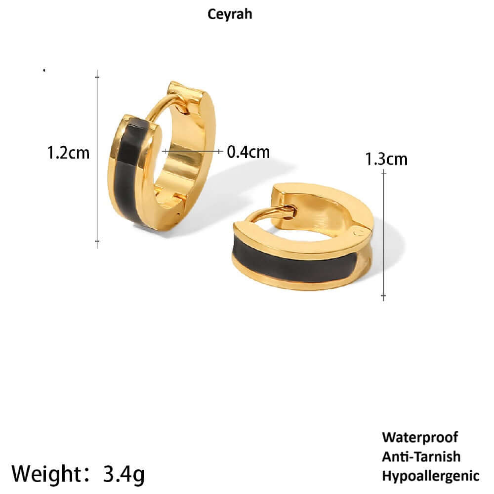 Gold Enamel Huggie Hoop Earrings with black accents and measurements on a white background