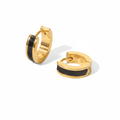 Gold Enamel Huggie Hoop Earrings with black accents on a white background
