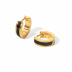 Gold Enamel Huggie Hoop Earrings with black accents on a white background