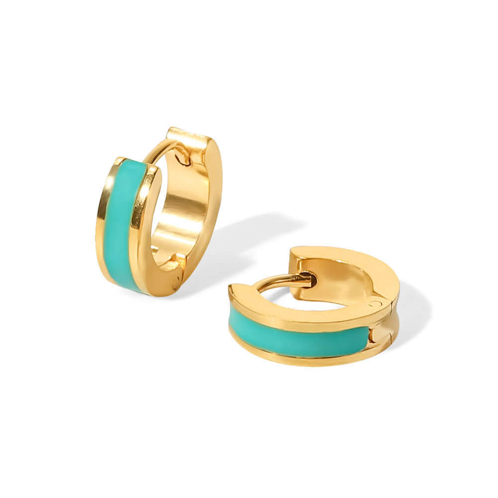 Gold Enamel Huggie Hoop Earrings with turquoise enamel on a white background