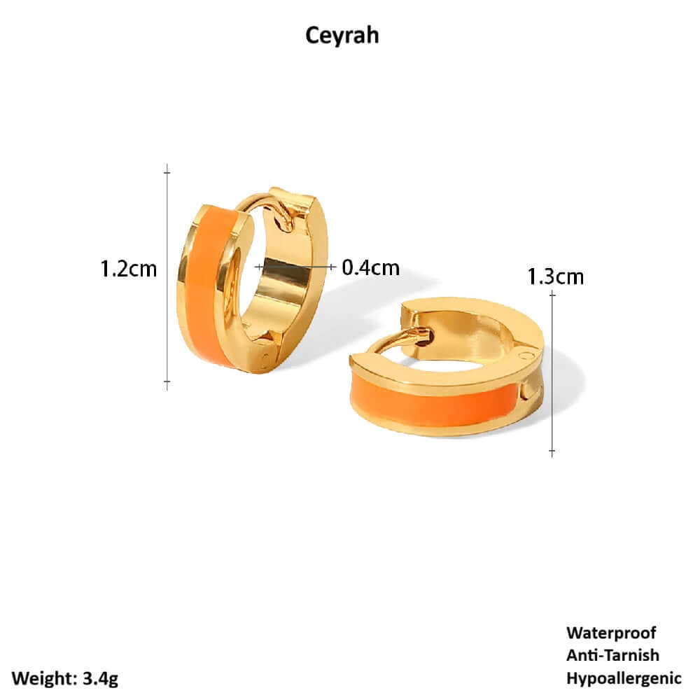 Gold Enamel Huggie Hoop Earrings with orange accents and measurements on a white background
