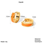 Gold Enamel Huggie Hoop Earrings with orange accents and measurements on a white background