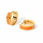 Gold Enamel Huggie Hoop Earrings with orange enamel accents on a white background