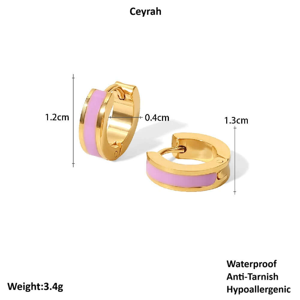 Gold Enamel Huggie Hoop Earrings with pink accents and measurements on a white background