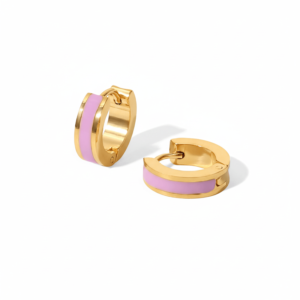 Gold Enamel Huggie Hoop Earrings with pink enamel accents on a white background