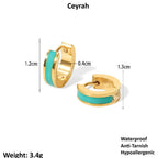 Gold Enamel Huggie Hoop Earrings with turquoise bands, shown with measurements and product details on a white background.