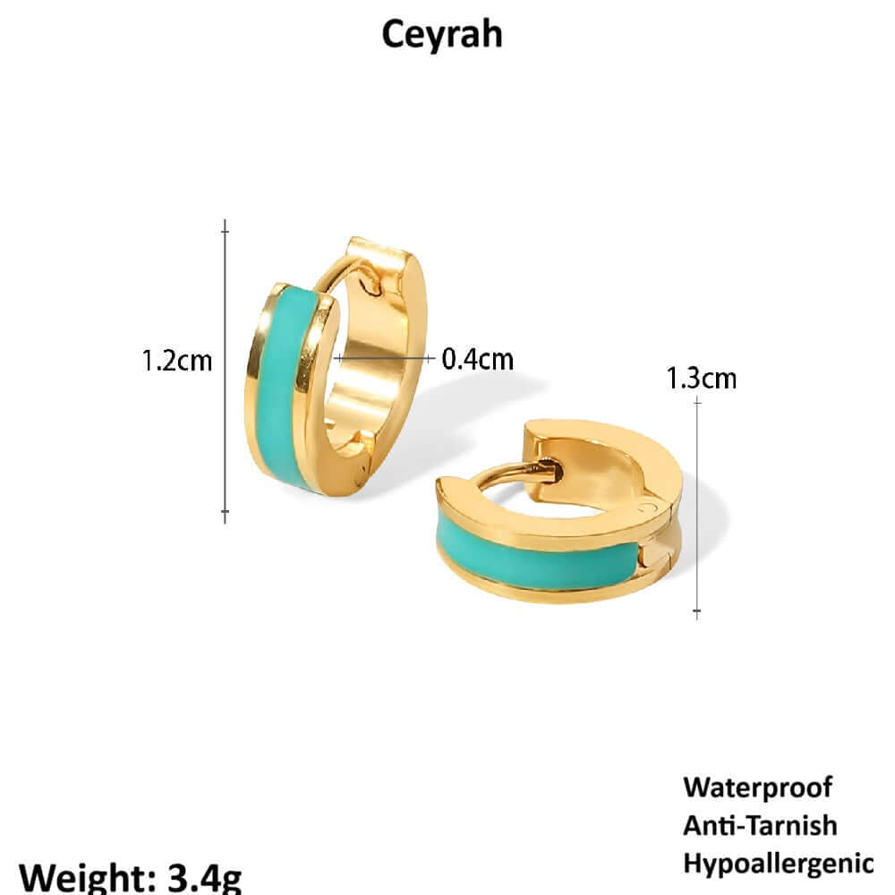 Gold Enamel Huggie Hoop Earrings with turquoise bands, shown with measurements and product details on a white background.