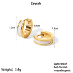 Gold hoop earrings with white accents and measurements on a white background, branded 'Ceyrah'.