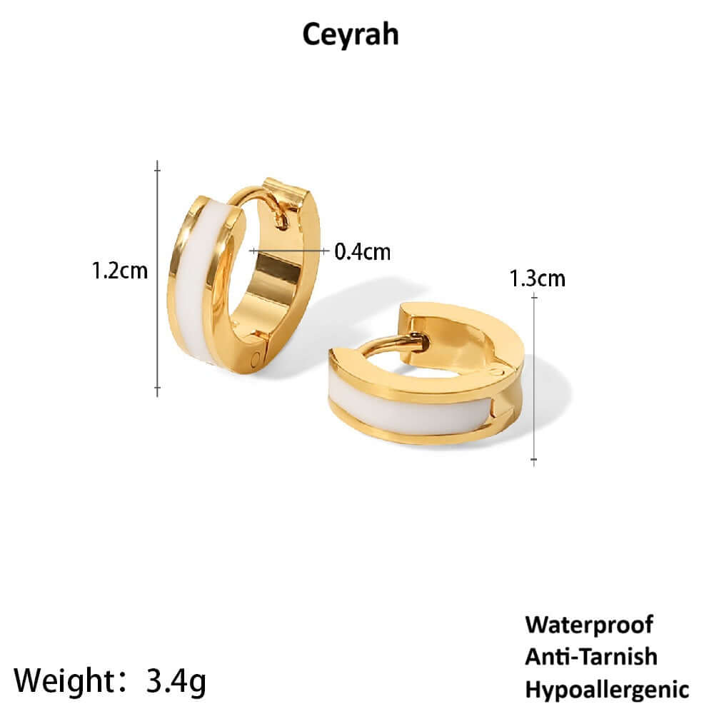 Gold hoop earrings with white accents and measurements on a white background, branded 'Ceyrah'.