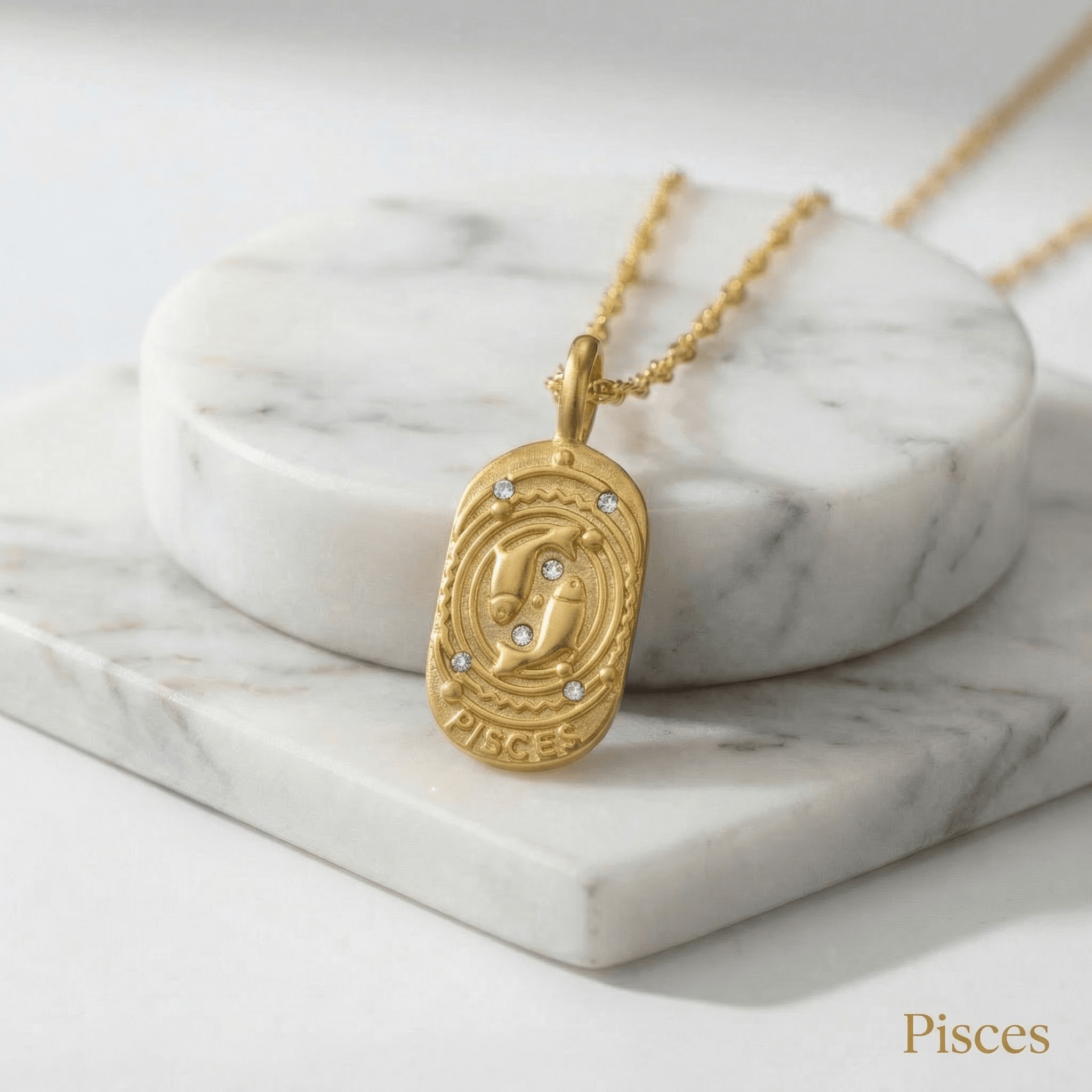 Pisces Gold Engraved Zodiac Sign Necklace on a marble surface