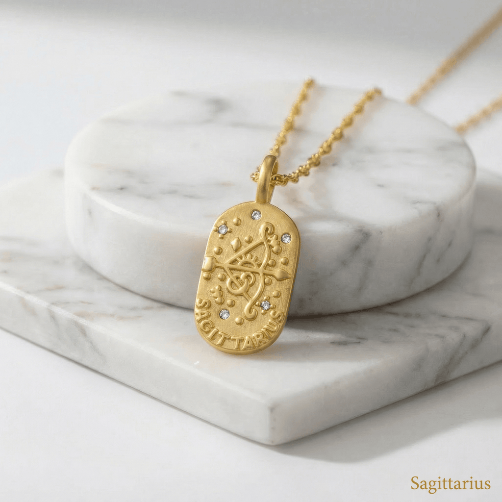 Sagittarius Gold Engraved Zodiac Sign Necklace on a marble surface with 'Sagittarius' text.
