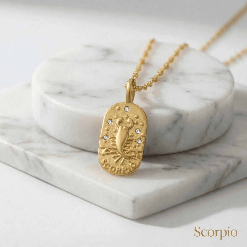 Scorpio Gold Engraved Zodiac Sign Necklace necklace on a marble surface