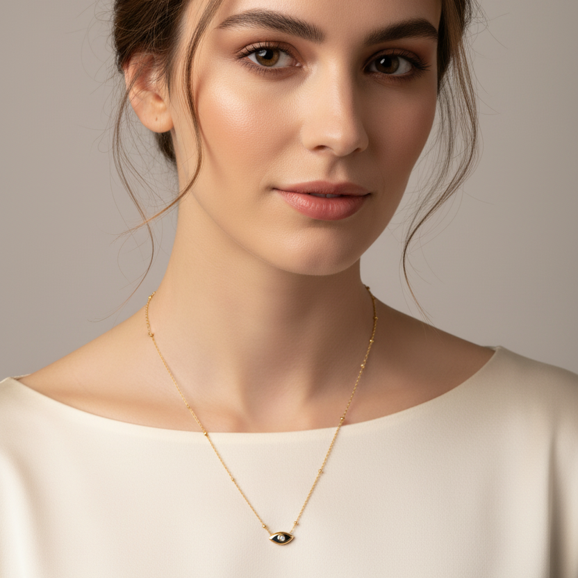Gold Evil Eye Mini Charm Necklace paired with a cream-colored top against a soft neutral background.