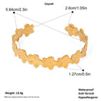 Gold Floral Cuff Bracelet with measurements and features on a white background