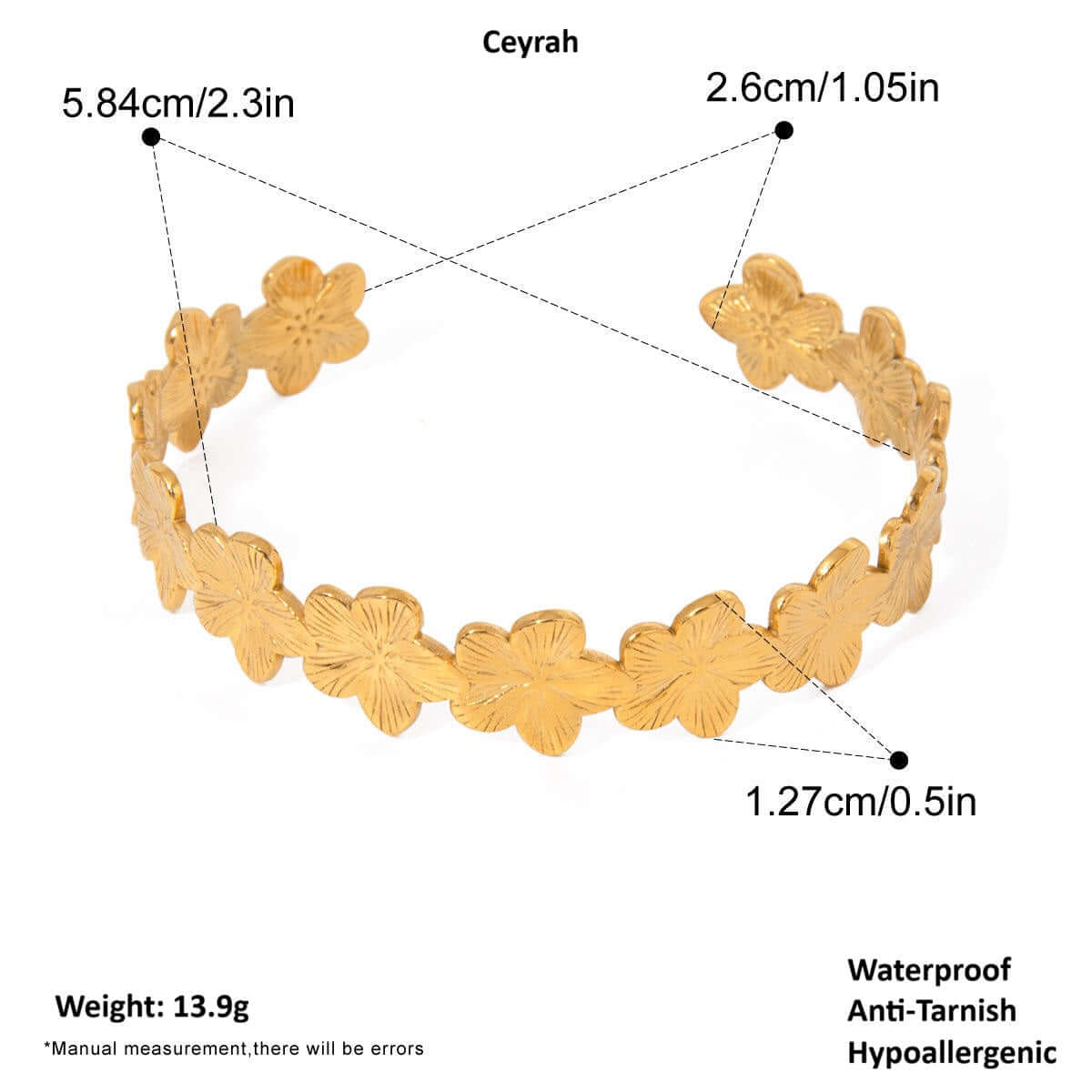Gold Floral Cuff Bracelet with measurements and features on a white background