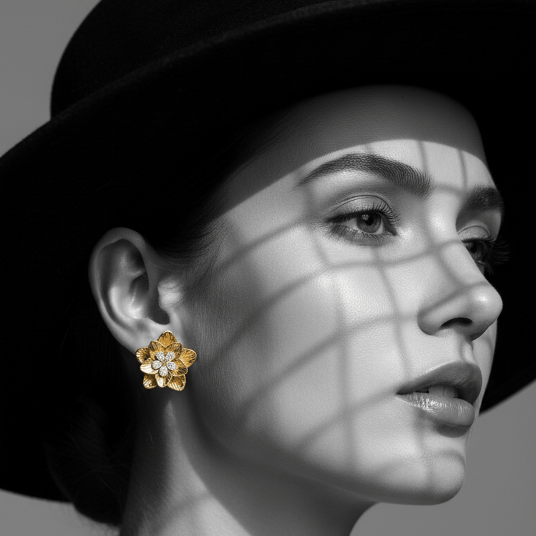 Gold Floral Shaped Stud Earrings on model