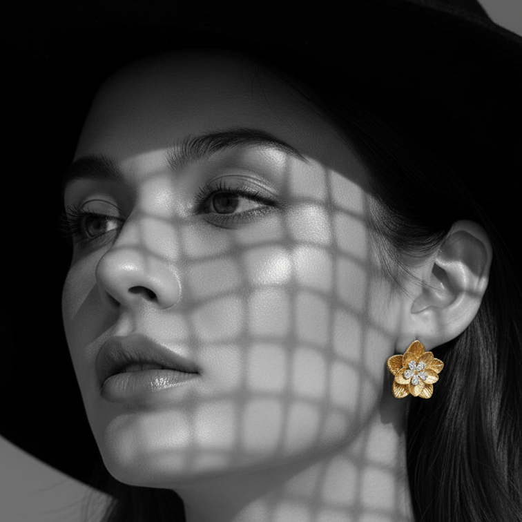Gold Floral Shaped Stud Earrings on model