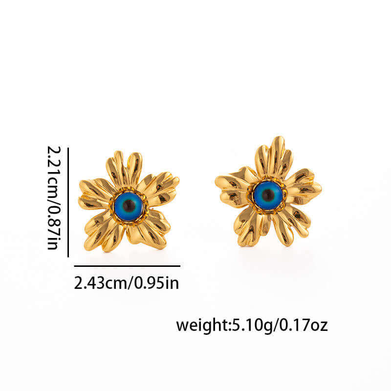 Gold Floral Stud Earrings with Blue Stone  with blue centres and measurements on a white background