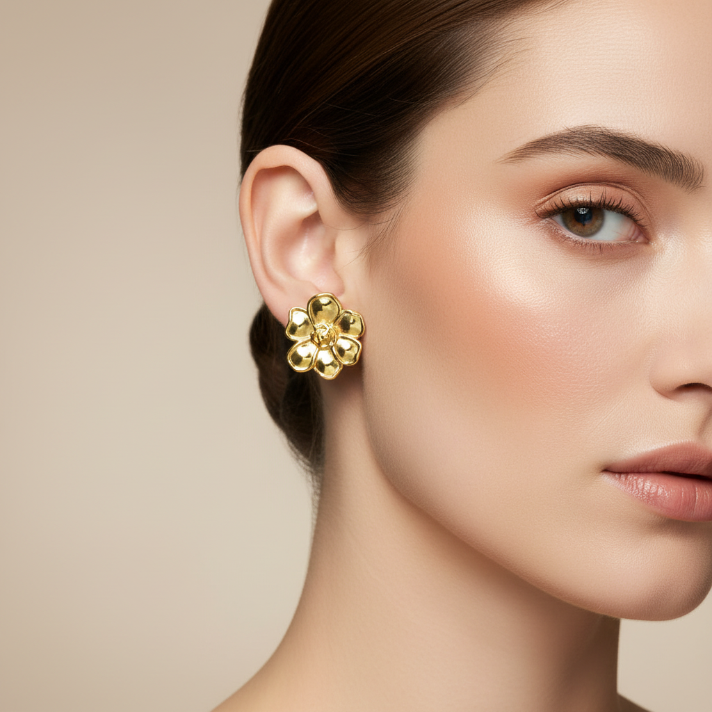 A close-up of a woman's ear wearing a small Gold Flower Stud Earrings against a soft beige background.