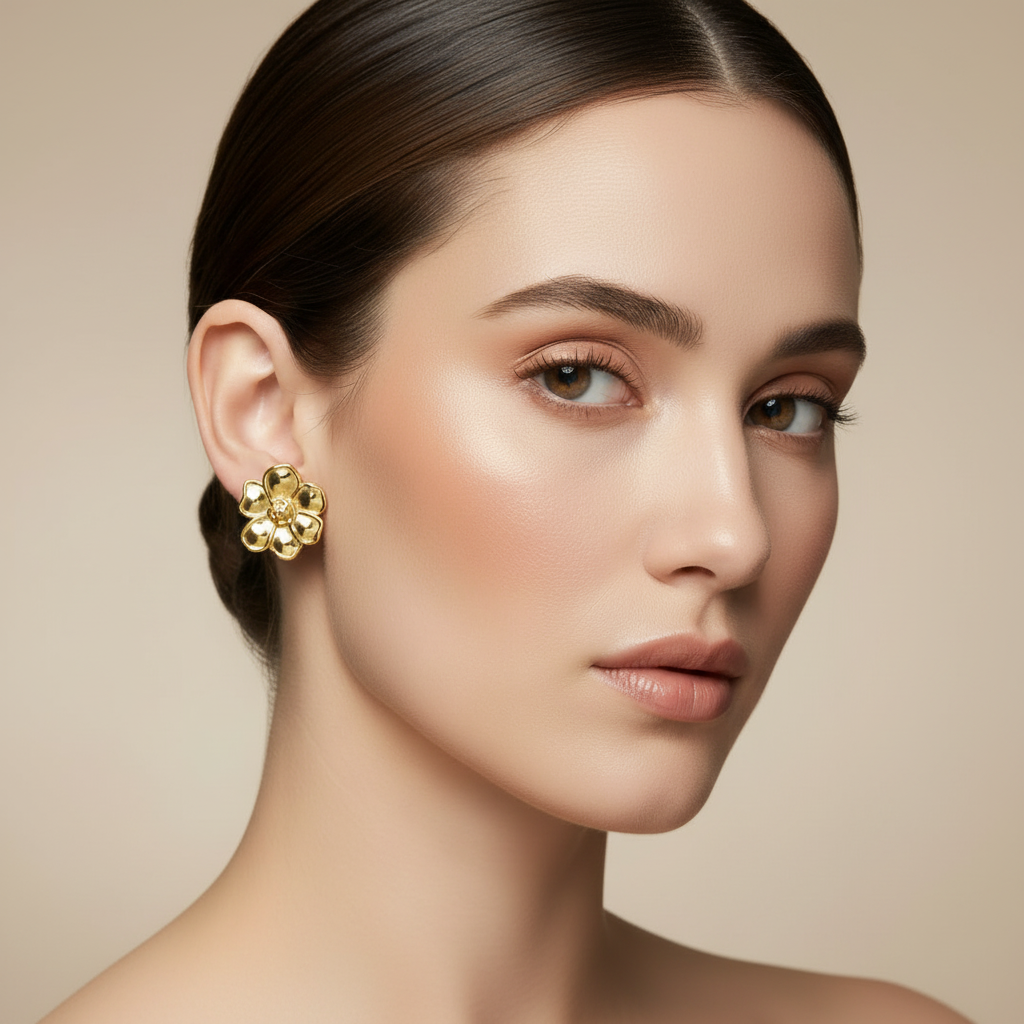 women wearing Gold Flower Stud Earrings