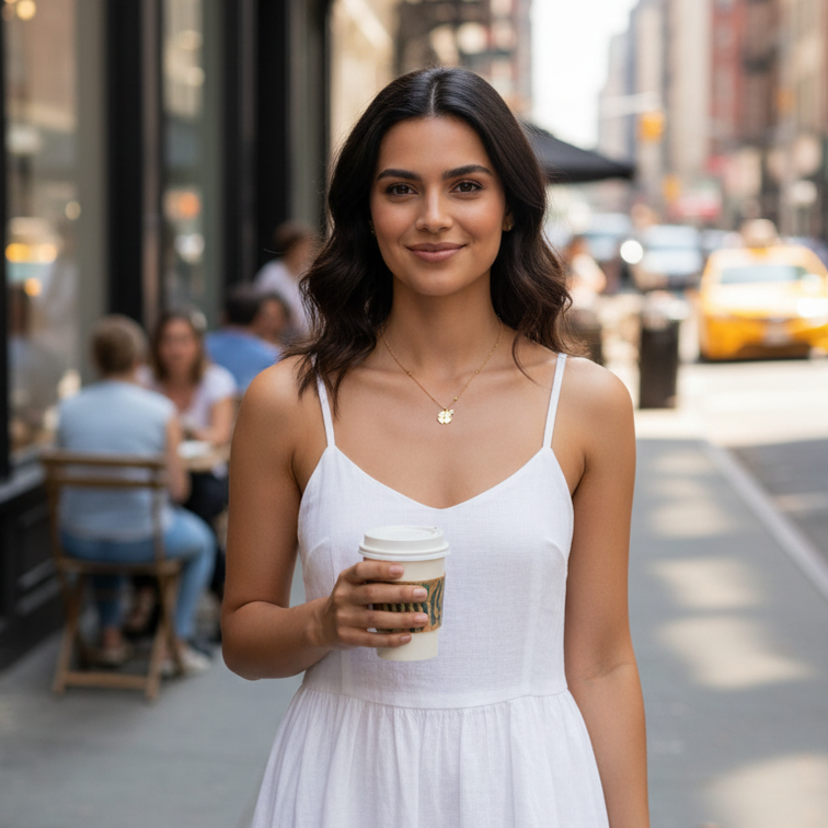 A woman wearing a white spaghetti-strap midi dress stands on a city sidewalk holding a coffee cup wearing Gold Four Leaf Clover Pendant Necklace model