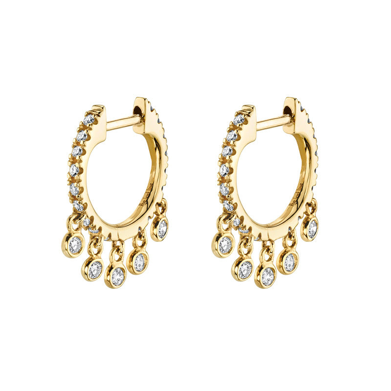 Gold Gemstone Dangle Hoop Earrings on a white background