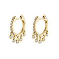 Gold Gemstone Dangle Hoop Earrings on a white background