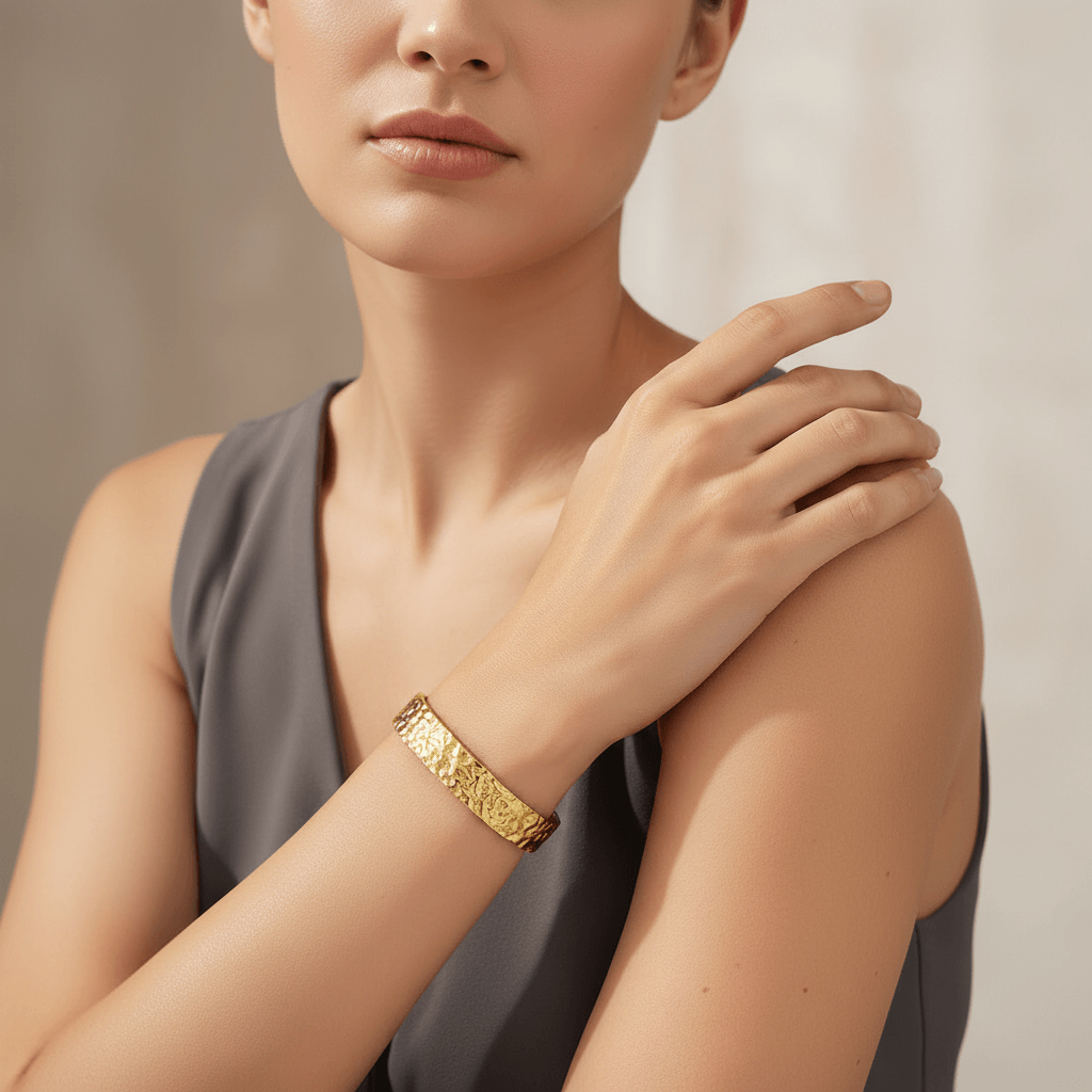 model wearing Gold Hammered Cuff Bracelet