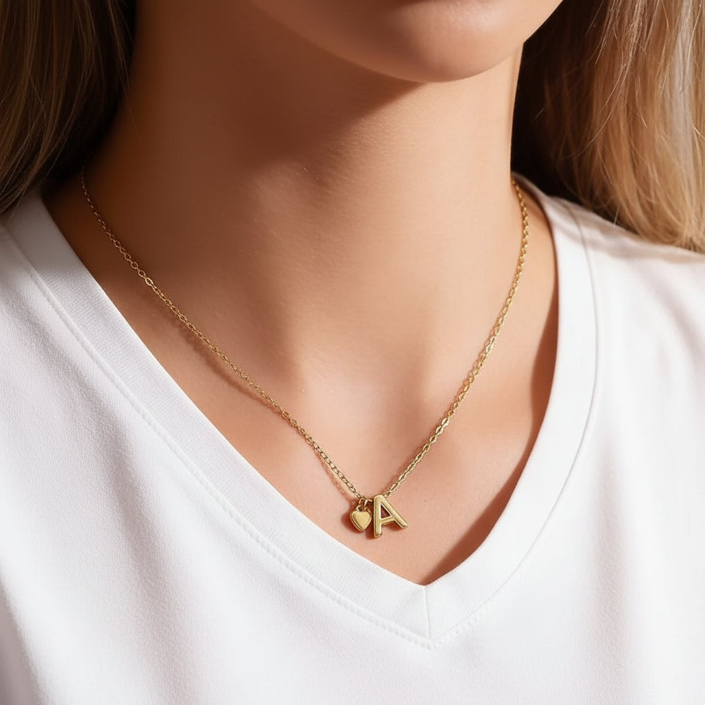 Gold Heart & A Initial Pendant Necklace