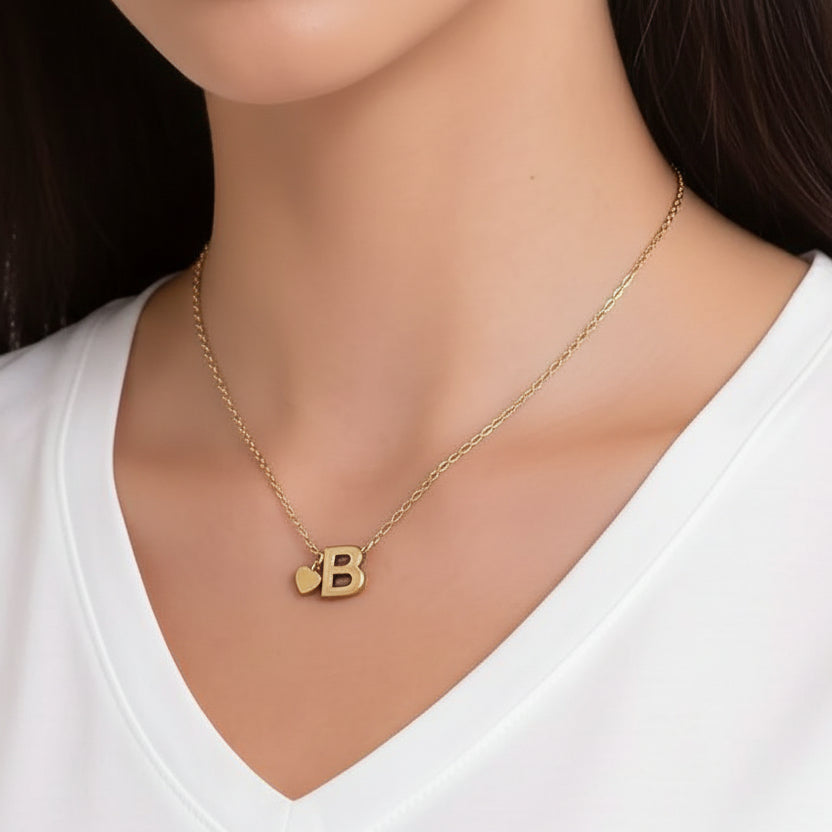 Gold Heart & B Initial Pendant Necklace