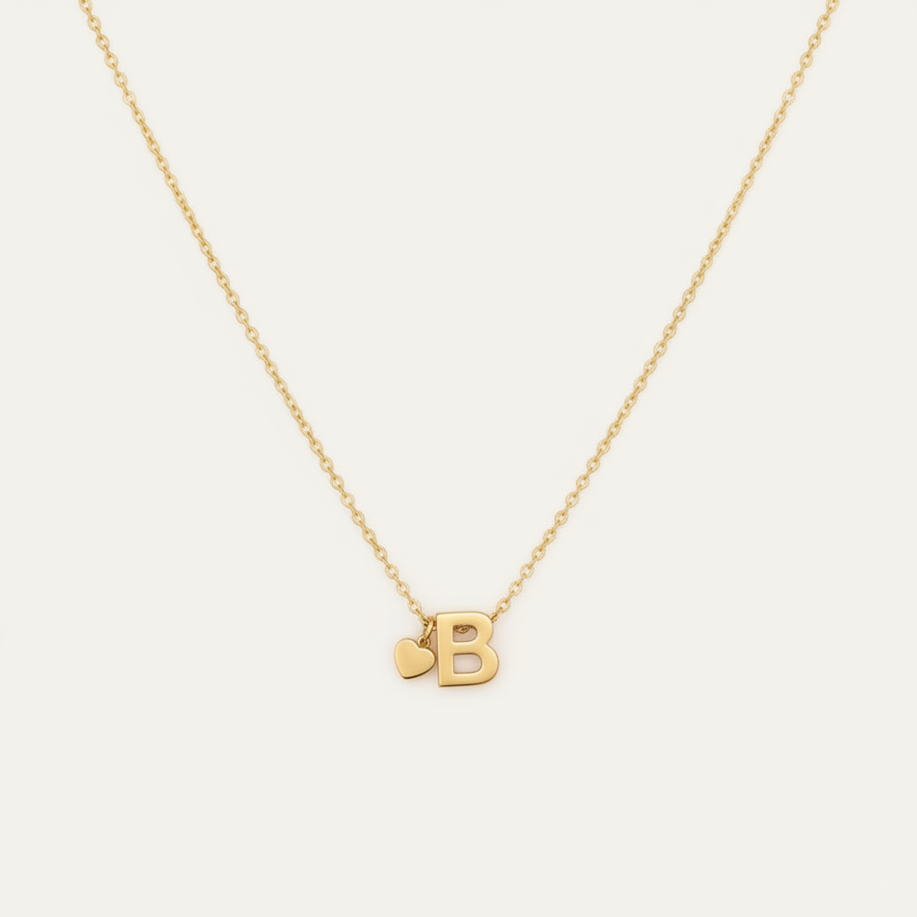 Gold Heart & B Initial Pendant Necklace