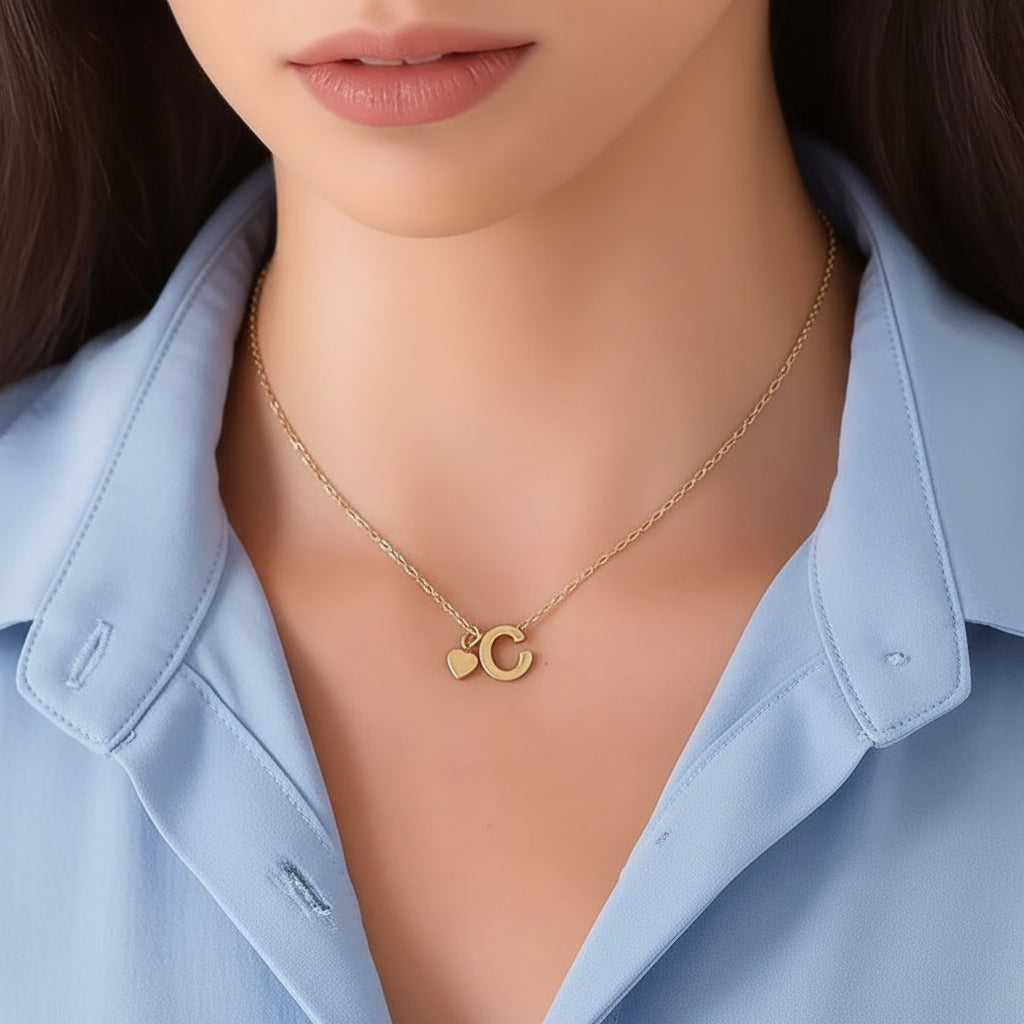 Gold Heart & C Initial Pendant Necklace