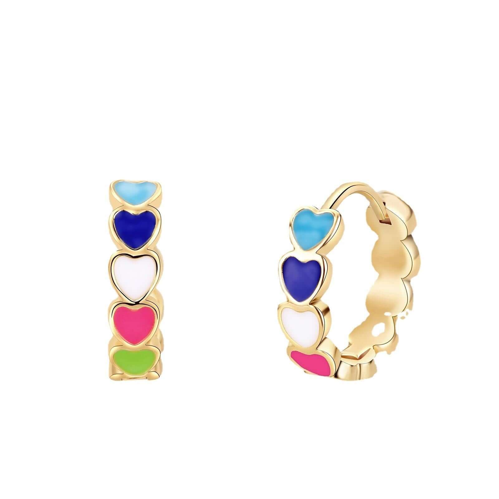 Gold Heart Charm Hoop Earrings with colorful heart-shaped stones on a white background