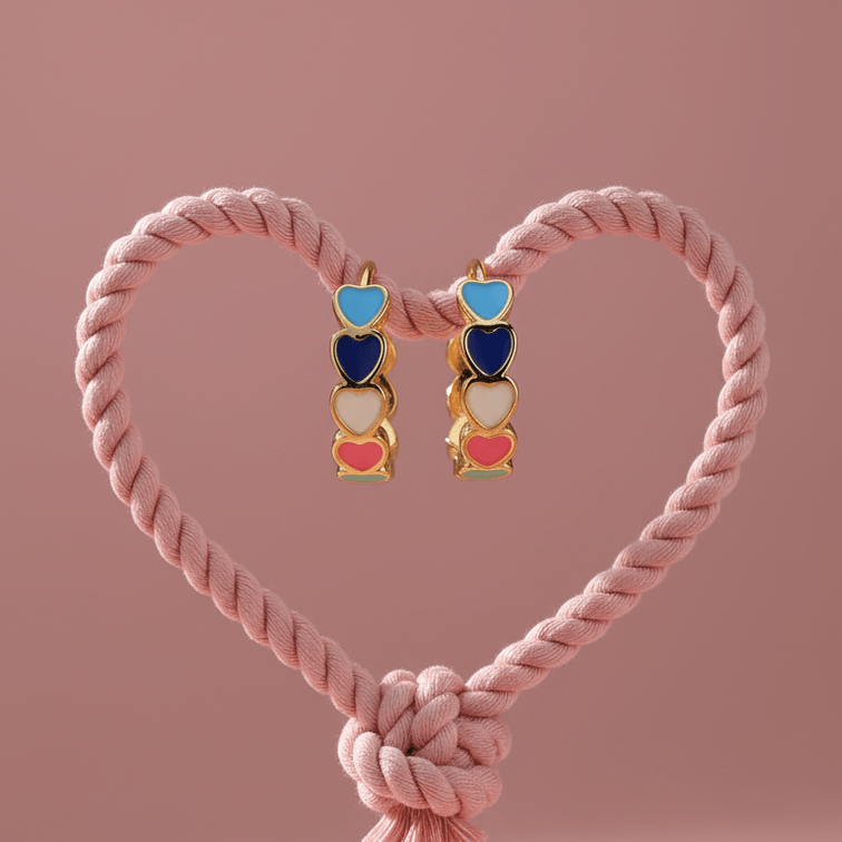 Pair of earrings with heart-shaped pink hair tie on a pink background