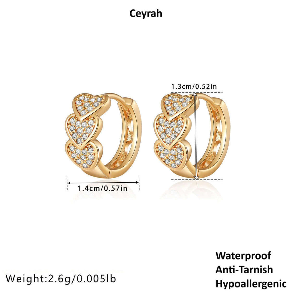 Gold Heart Crystal Cluster Hoop Earrings, measurements, and product details on a white background.