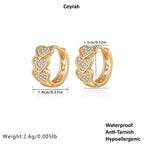 Gold Heart Crystal Cluster Hoop Earrings, measurements, and product details on a white background.