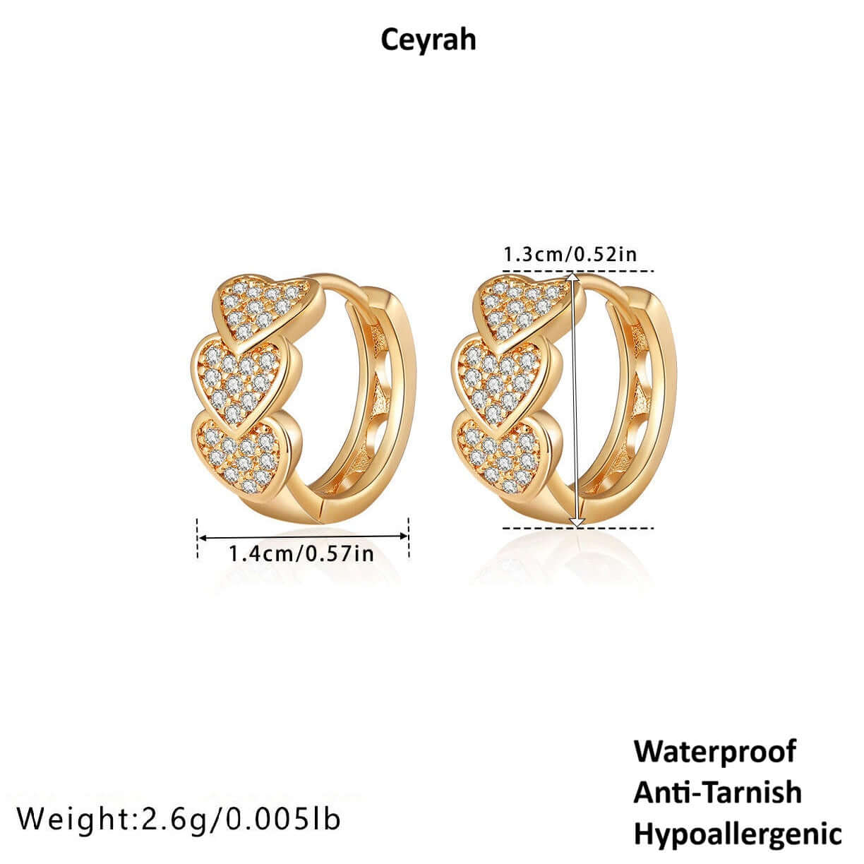 Gold Heart Crystal Cluster Hoop Earrings, measurements, and product details on a white background.